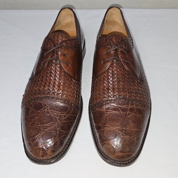 Mezlan Salinas Brown Woven Leather & Crocodile Cap Toe Oxfords Men's Size 10 M - Picture 4 of 10